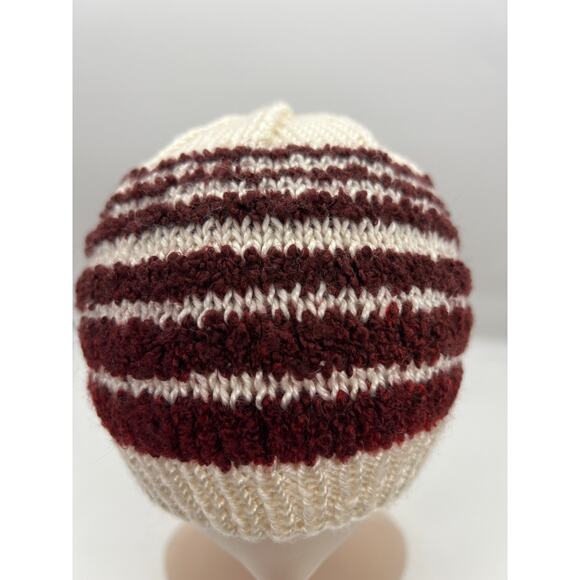 Knit Woven Wide Cream Burgundy Red Stripe Beanie Knit Hat Boho XS - Picture 4 of 8